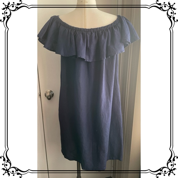 Tommy Bahama Linen Blend Ruffle On/Off Shoulder Sheath Dress - Navy Sz L - Picture 3 of 10